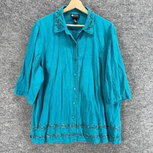Maggie Barnes Shirt Women 1X Plus Blue Button Up Rhinestone Collared Linen